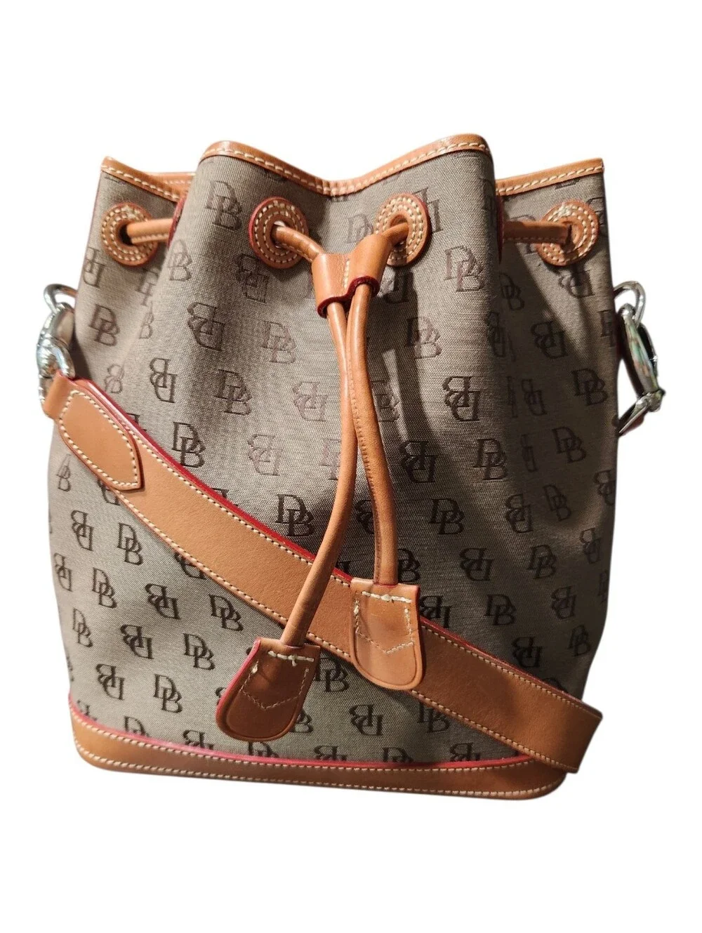 Vintage 90's Dooney & Bourke Signature Canvas & Leather Drawstring Bucket Bag